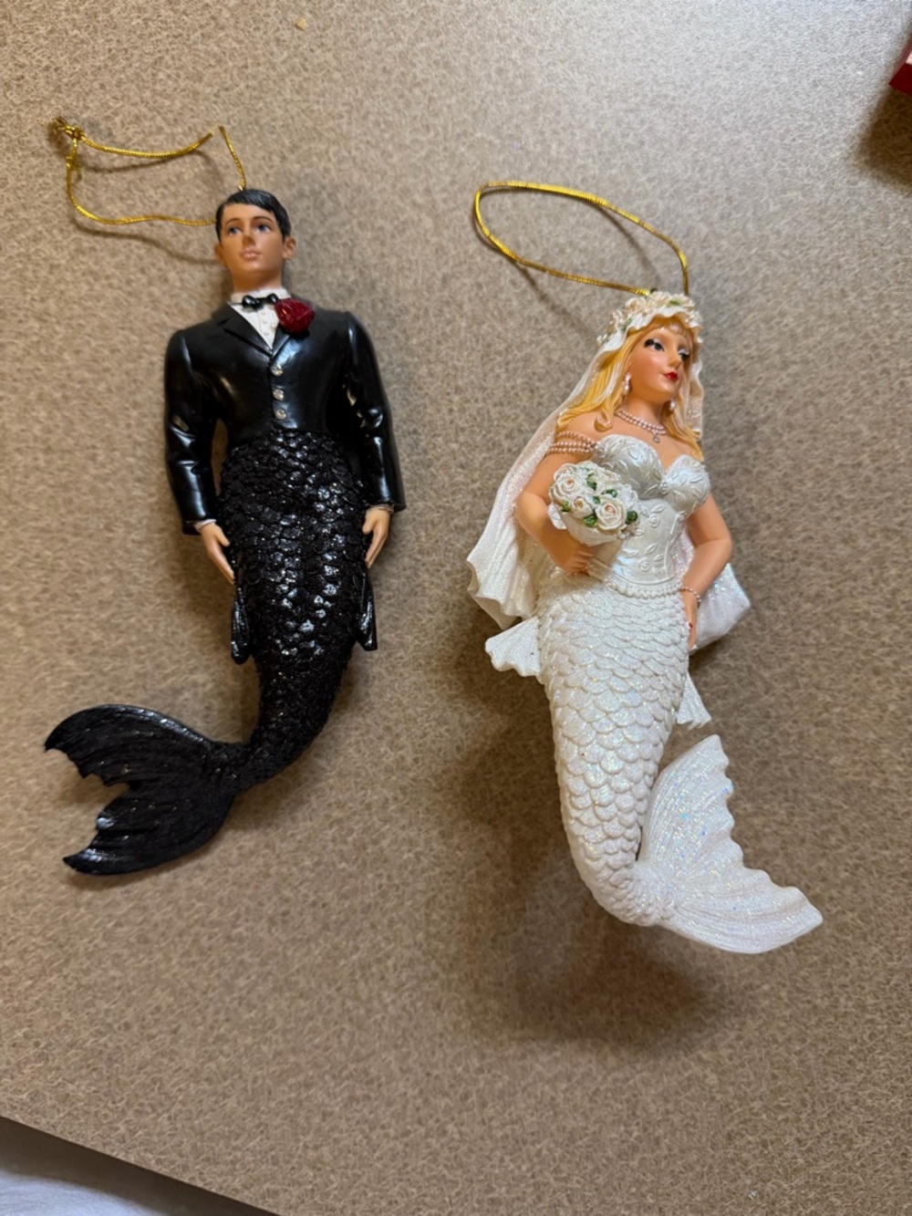 Mermaid Bride and Groom Ornaments - Black & White